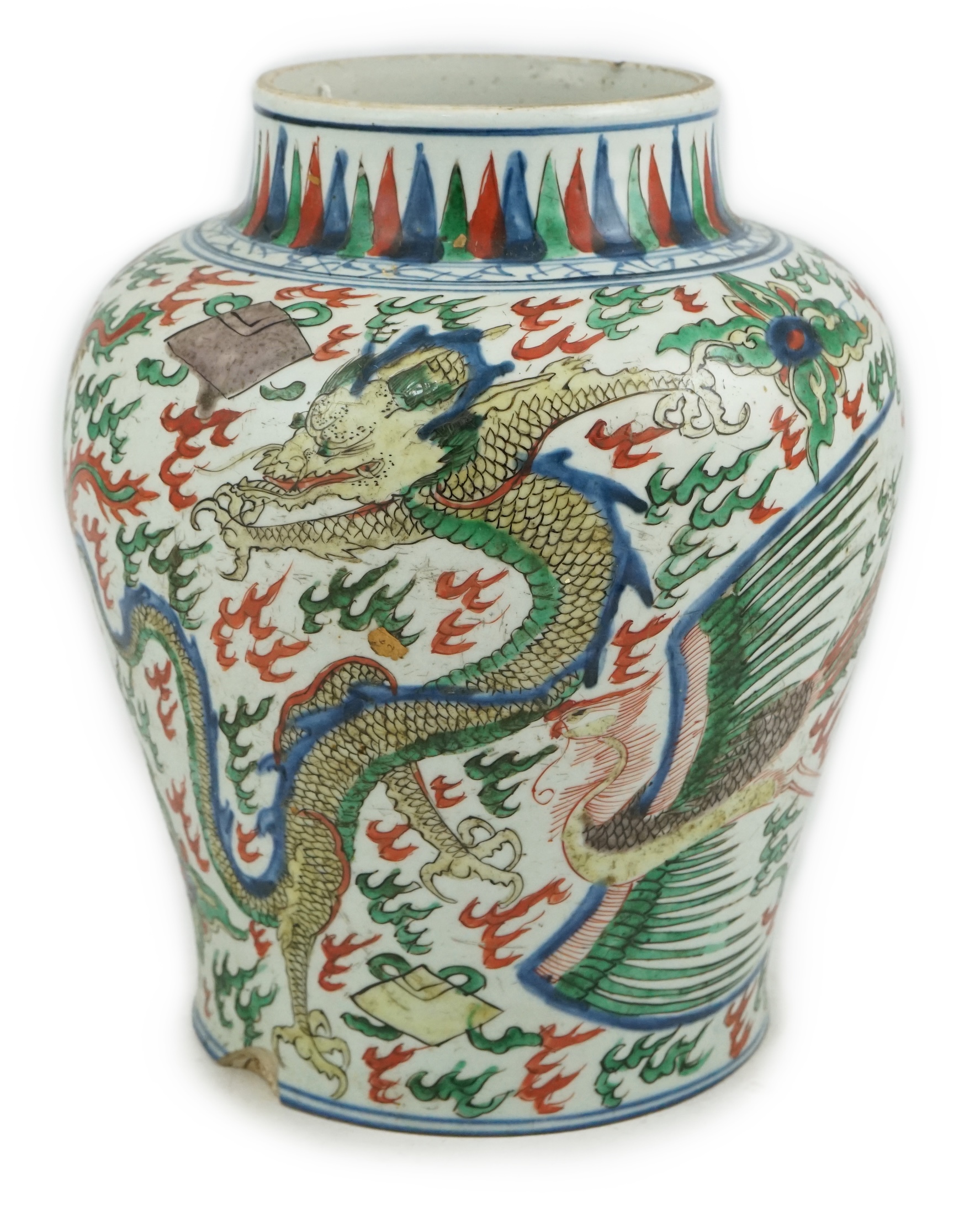 A Chinese wucai ‘dragon and phoenix’ baluster jar, Transitional, Shunzhi period (1644-1661)